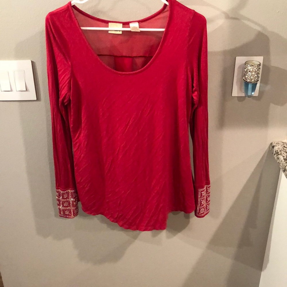 Red long sleeve buckle shirt see through back
